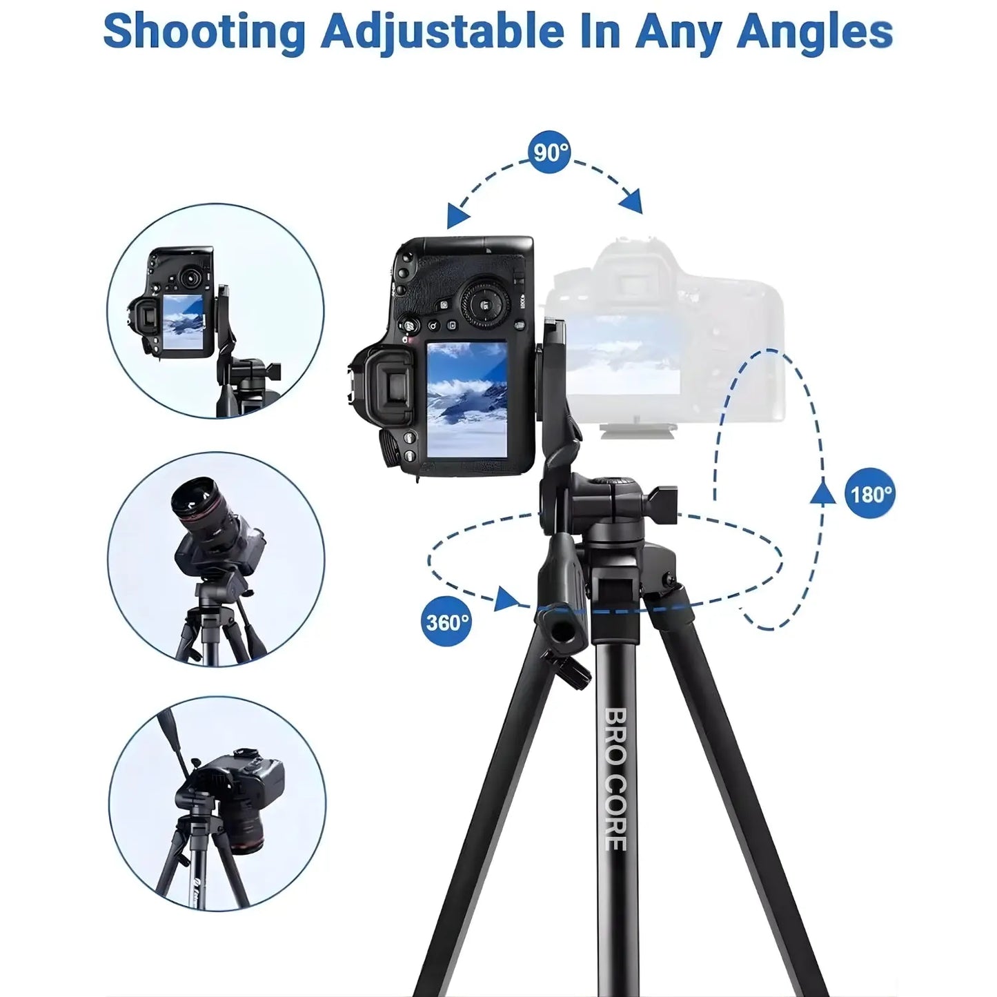 Camera on a tripod with adjustable angles highlighted, featuring 'Brocore' branding.