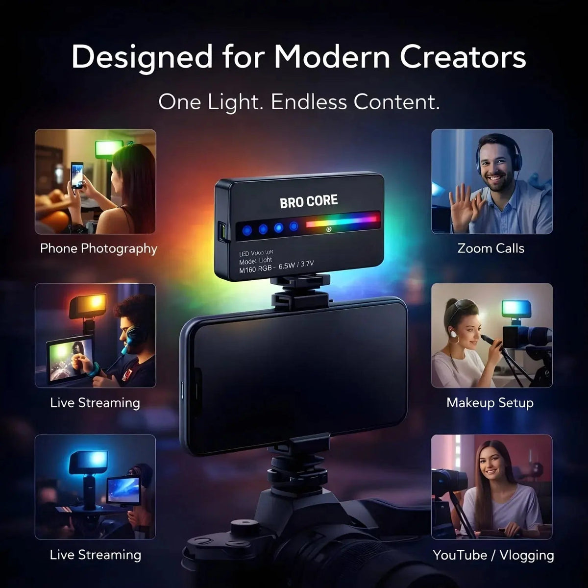 Lighting device with smartphone on a stand, surrounded by scenarios like phone photography, Zoom calls, live streaming, makeup setup, and YouTube/vlogging.