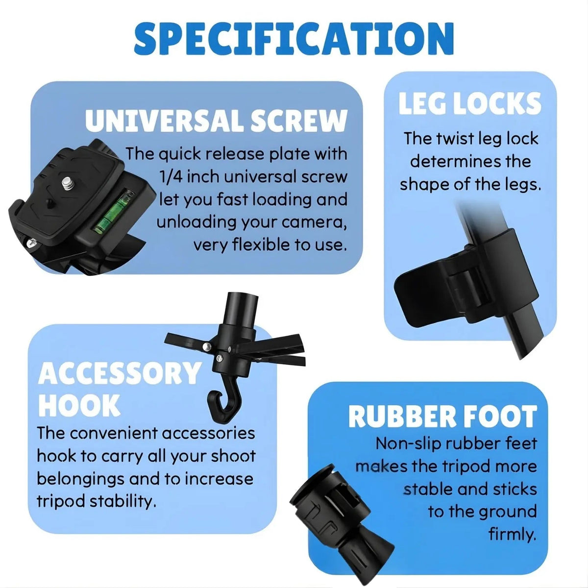 Specifications of a tripod with universal screw, leg locks, accessory hook, and rubber foot on a blue background.