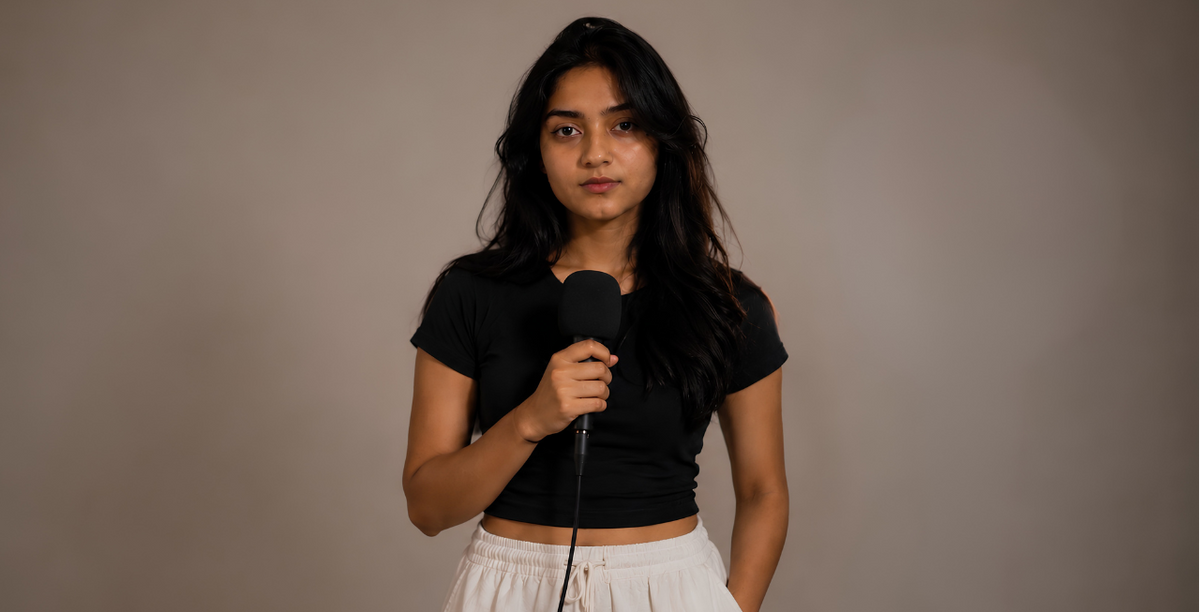 Woman holding a microphone against a plain background