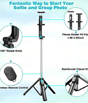 Selfie stick with phone holder, remote control, and tripod stand on a light blue background