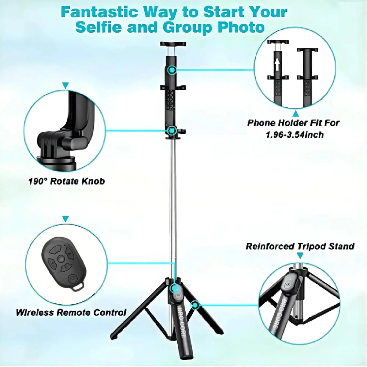 Selfie stick with phone holder, remote control, and tripod stand on a light blue background
