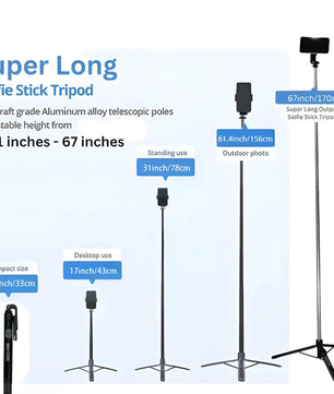 Super Long Selfie Stick Tripod with adjustable height from 13.1 inches to 67 inches on a white background.