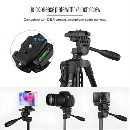 Black camera tripod with quick release plate and 1/4 inch screw, compatible with various cameras.