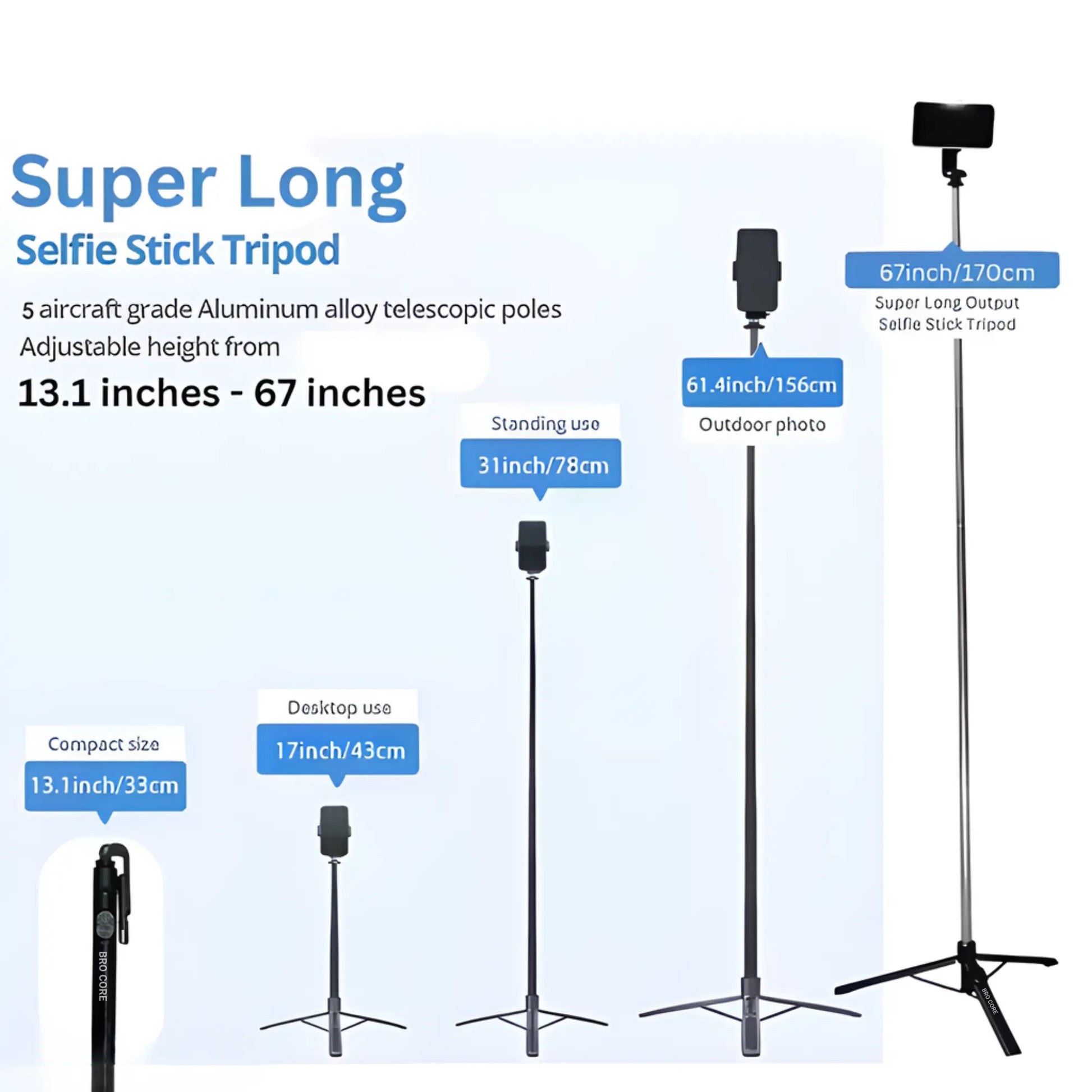 Super Long Selfie Stick Tripod with adjustable height from 13.1 inches to 67 inches on a white background.