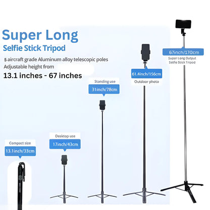 Super Long Selfie Stick Tripod with adjustable height from 13.1 inches to 67 inches on a white background.