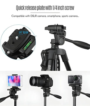Black camera tripod with quick release plate and 1/4 inch screw, compatible with various cameras.