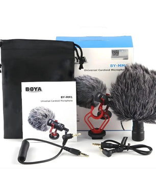BOYA BY-MM1 universal cardioid microphone with accessories on a white background