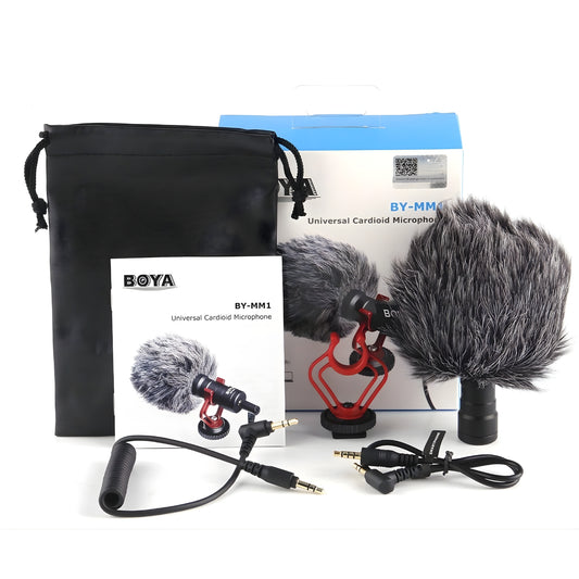 BOYA BY-MM1 universal cardioid microphone with accessories on a white background