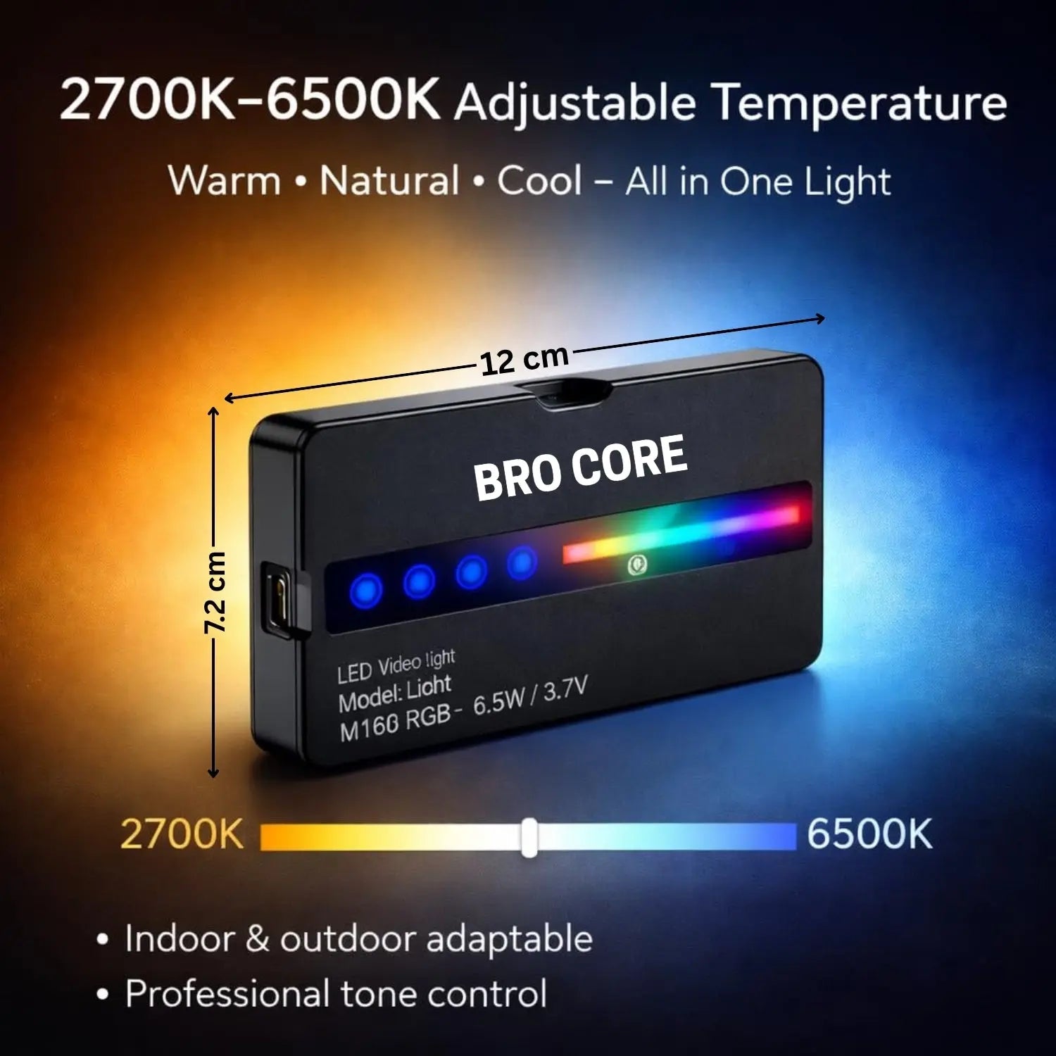 LED video light with adjustable temperature range on a gradient background