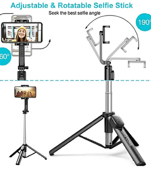 Adjustable and rotatable selfie stick with smartphone holder on a white background