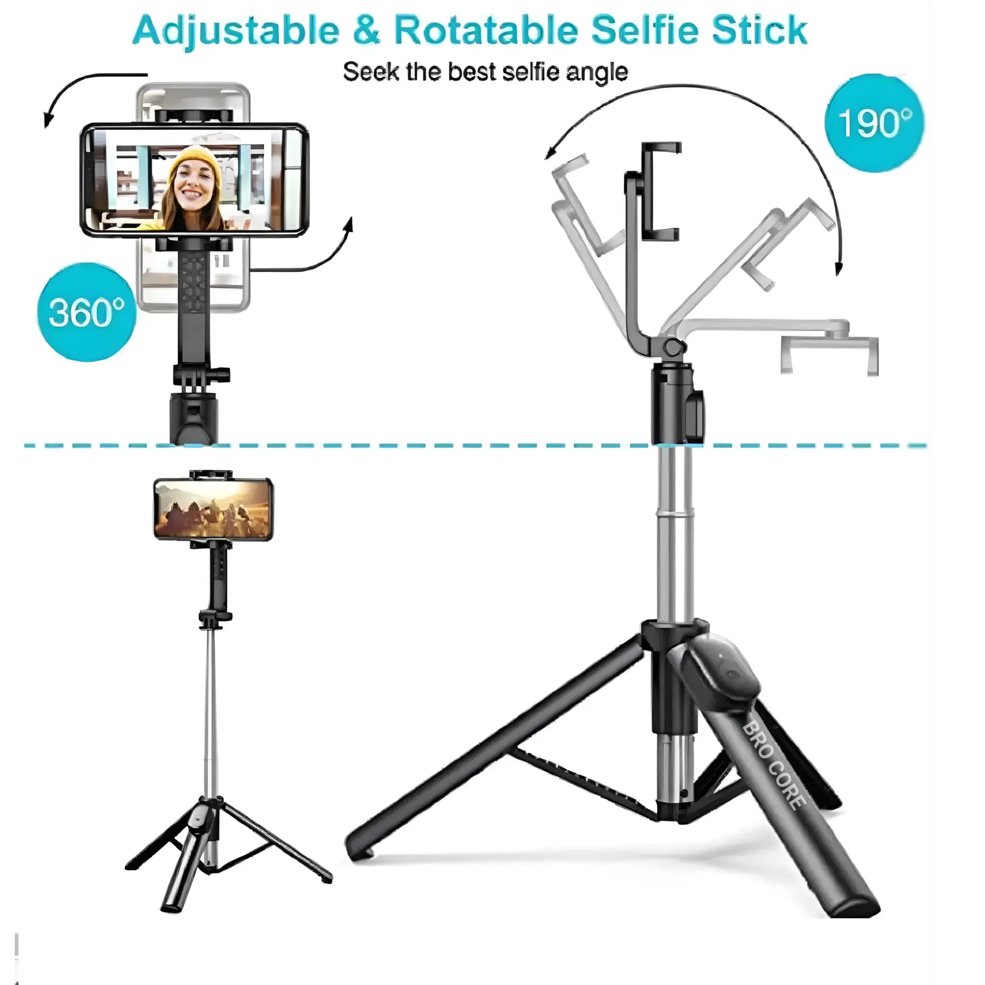 Adjustable and rotatable selfie stick with smartphone holder on a white background