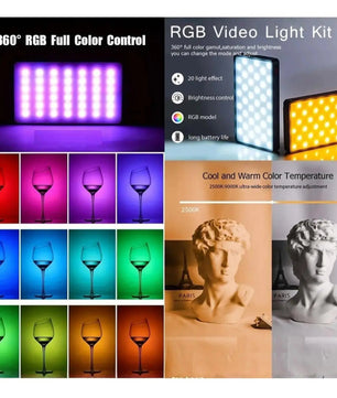 RGB video light kit with color changing capabilities and applications on a white background.