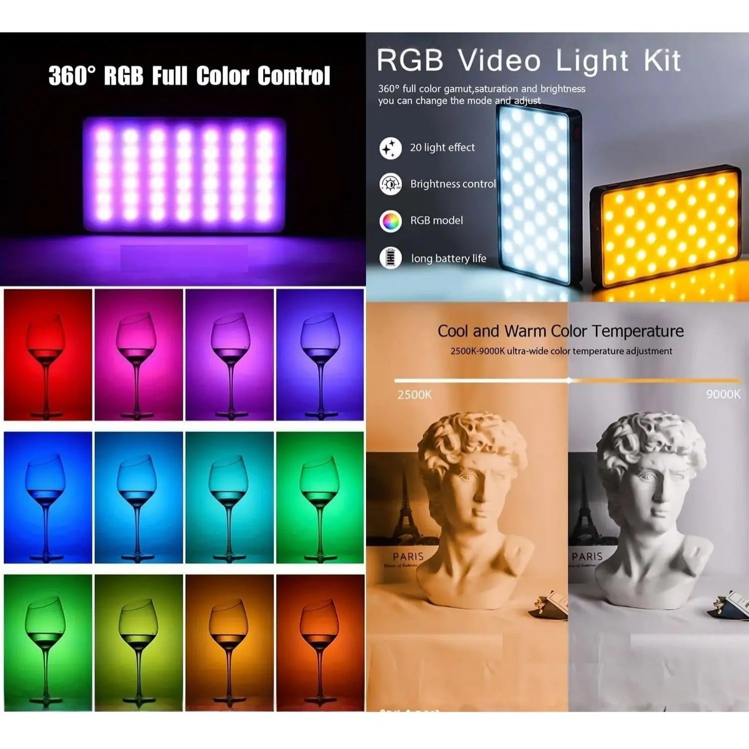 RGB video light kit with color changing capabilities and applications on a white background.