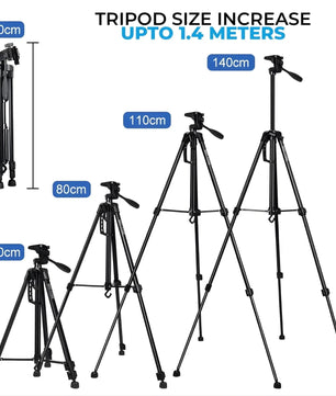 Set of black tripods with labeled height increments on a white background