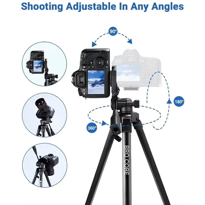 Camera on a tripod with adjustable angles highlighted, featuring 'Brocore' branding.