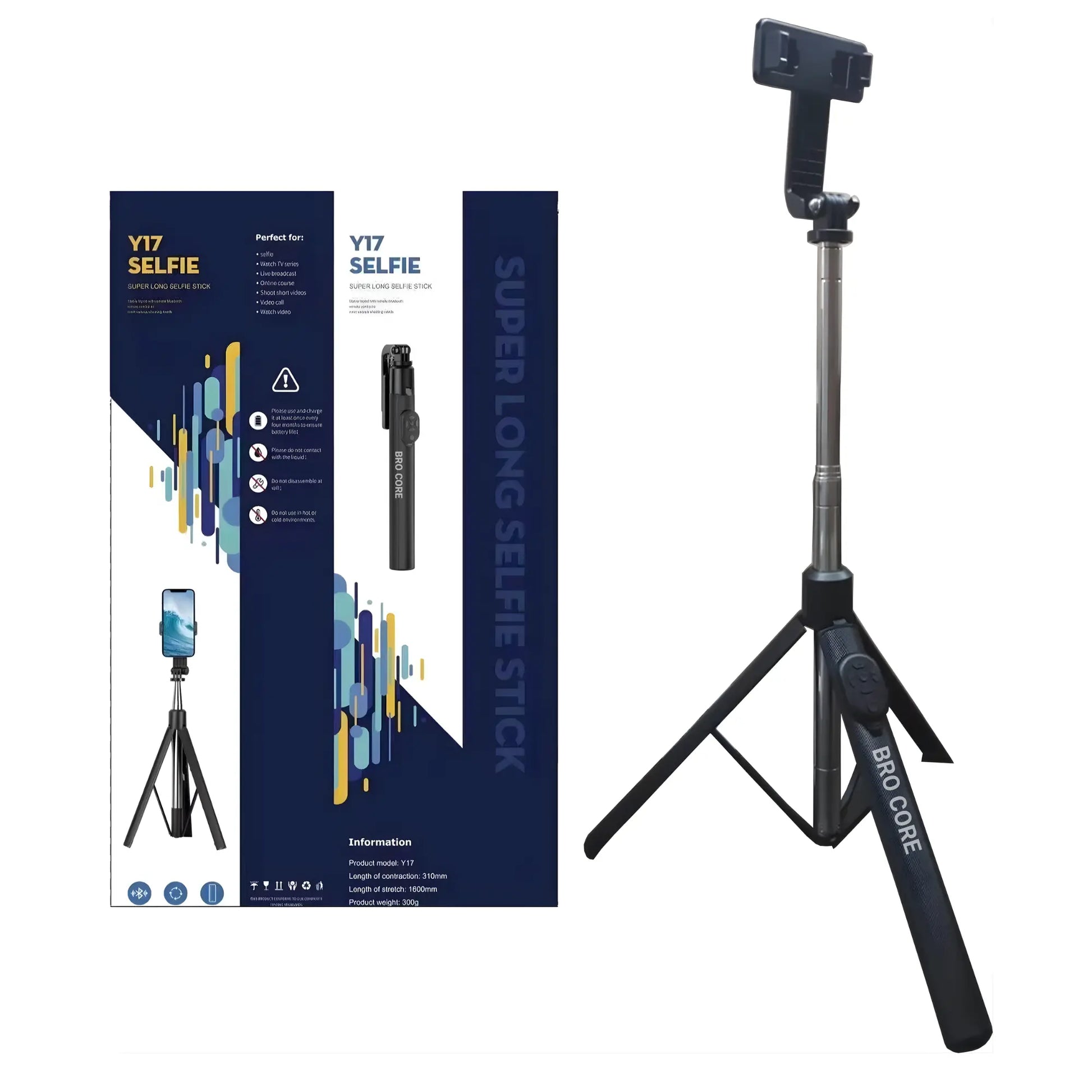 Black selfie stick with packaging on a white background