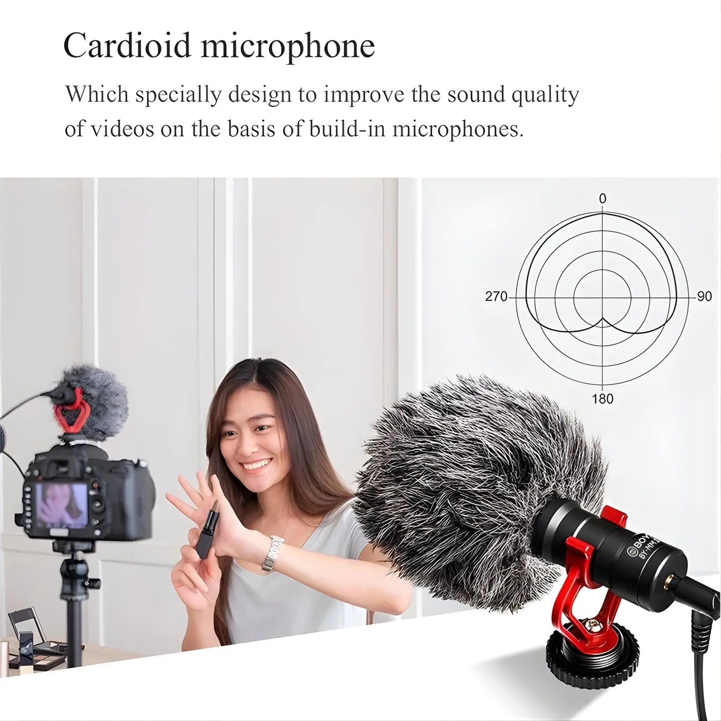 Cardioid microphone with a woman holding it and a camera setup in the background.