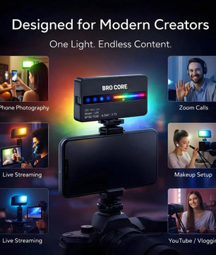 Lighting device with smartphone on a stand, surrounded by scenarios like phone photography, Zoom calls, live streaming, makeup setup, and YouTube/vlogging.