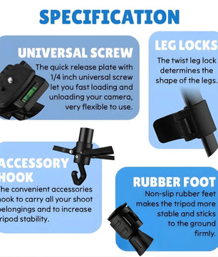 Specifications of a tripod with universal screw, leg locks, accessory hook, and rubber foot on a blue background.