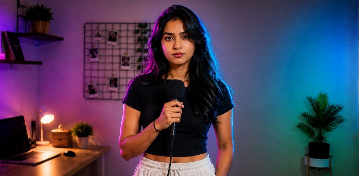 Person holding a microphone in a room with a desk and plants