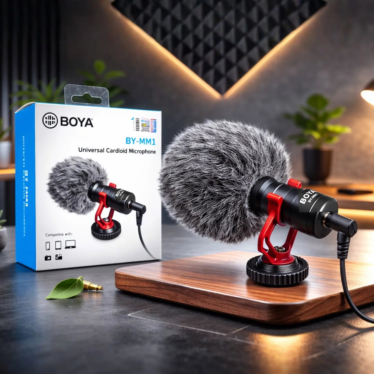 Boya BY-MM1 microphone on a wooden stand with its packaging in the background.