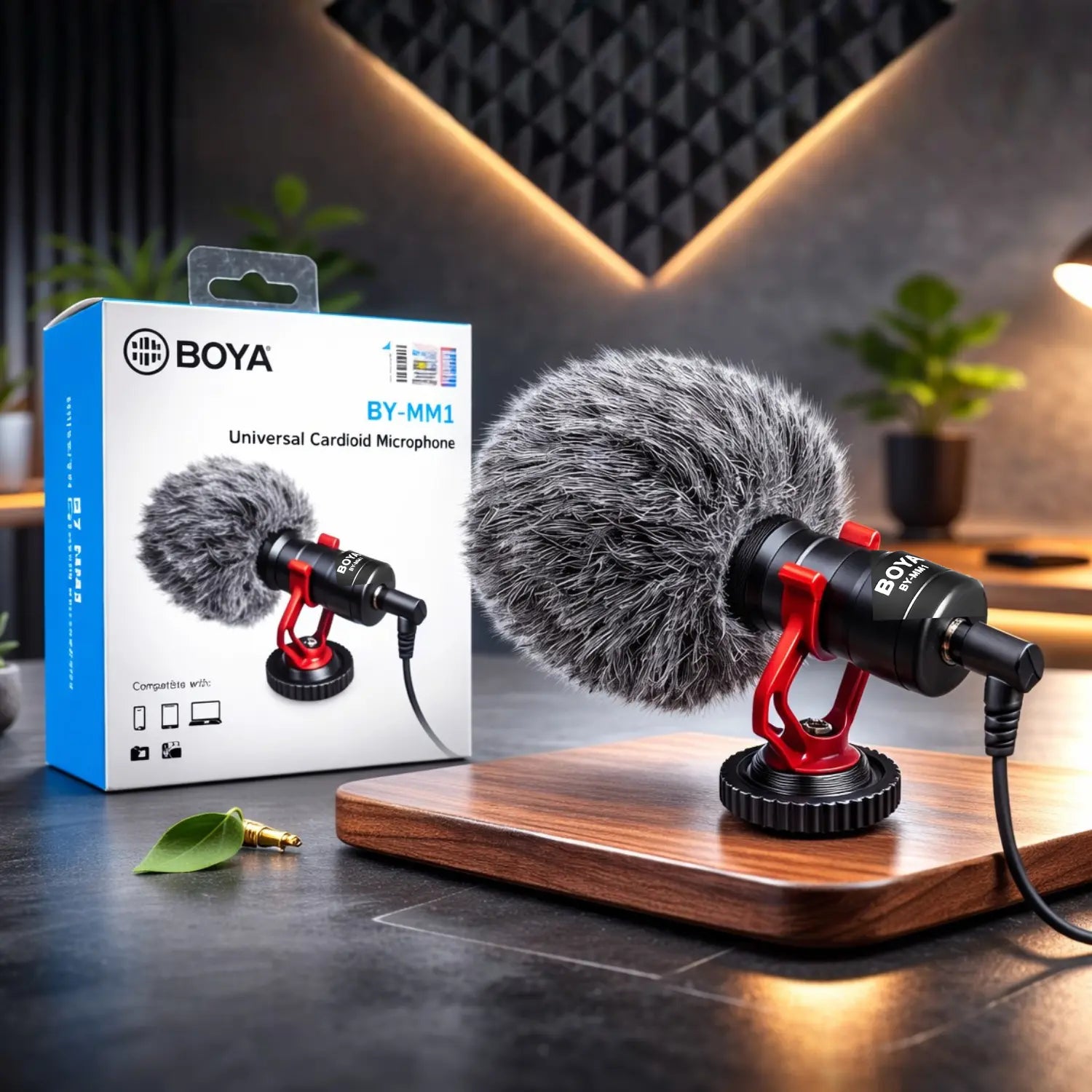 Boya BY-MM1 microphone on a wooden stand with its packaging in the background.